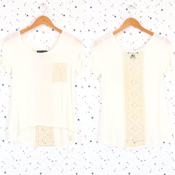 Short Sleeve Crochet Lace Detail Tee Ivory Cream - Picture 1 of 8